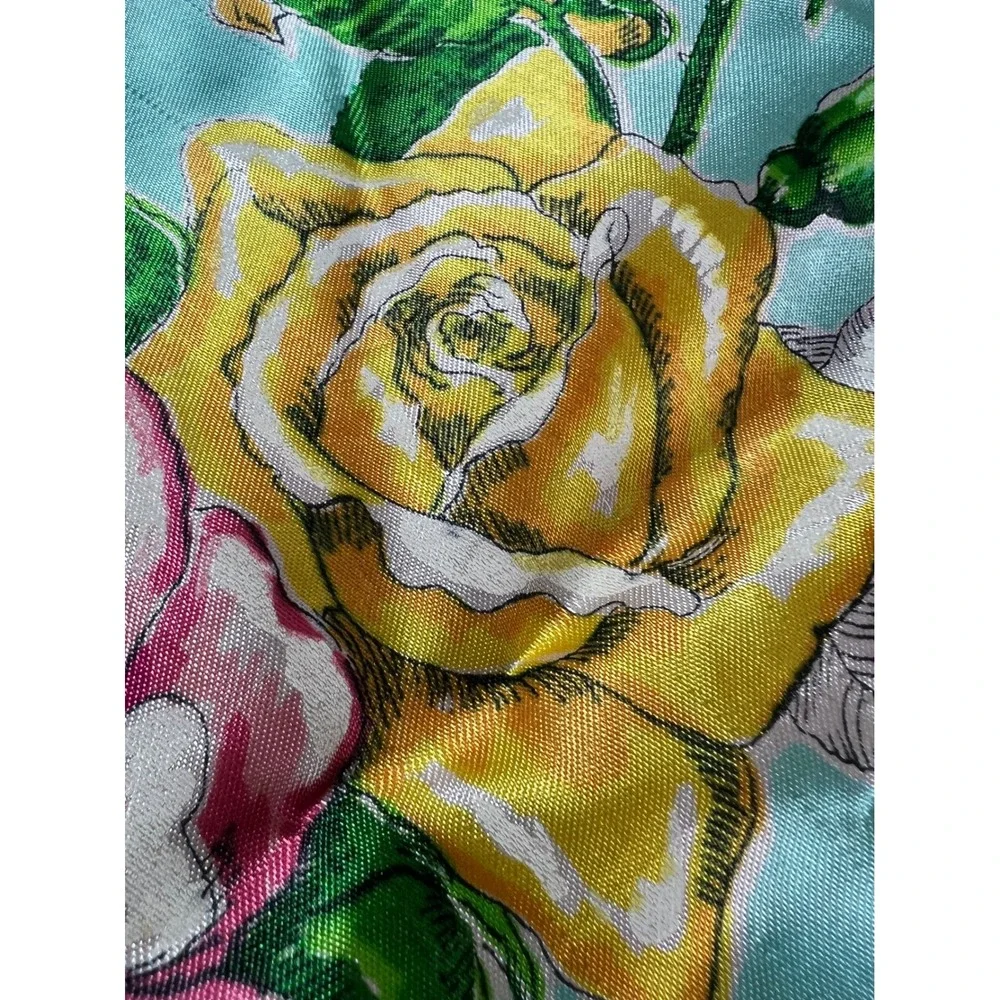 Vintage Brico Rayon Square Scarf Aqua Blue Pink Yellow Floral Rose Print 31x34